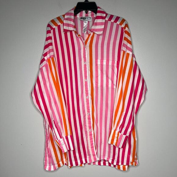 BEACH RIOT Alexa Coverup Button Down Top Size PL Pink Orange Stripes Long Sleeve - Picture 2 of 7